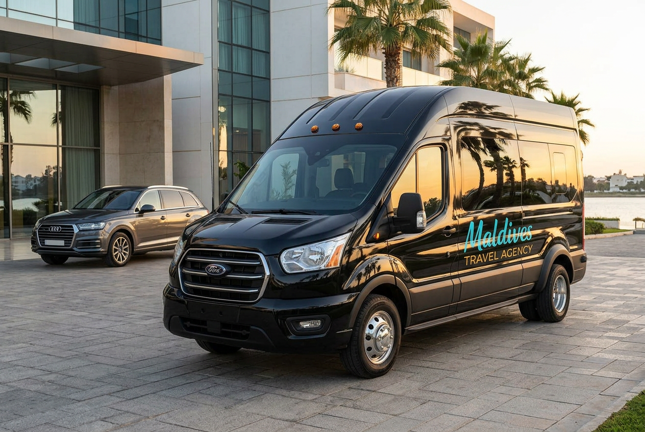 Minibus noir Maldive Travel Agency devant un hôtel d'affaires en Tunisie